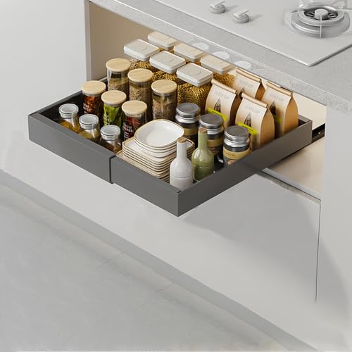 JOUING Pull Out Cabinet Organiser Metal Drawer Organiser for Kitchen Cupboard No Drill Adjustable Drawer for Bathroom Storage Expandable Slide Out Drawer for Armoire Grey