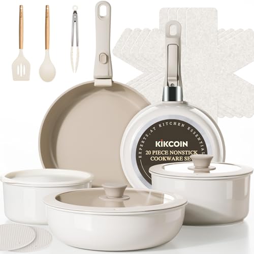 KIKCOIN Nonstick Pots and Pans Set, 20 Pack Ceramic Cookware Set with Detachable Handle, Induction RV Kitchen Cooking Set with Removable Handle, Fryin