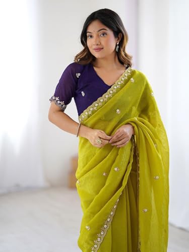 Image of Sidhidata Women's Crunchy Chiffon Embroidered Saree With Handwork Pearl Saree With Embroidered Unstitched Blouse Piece (Crunchy Mustard Mustard Free Size)