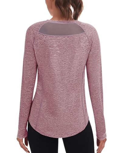 Wayleb Damen Langarmshirt Basic Rundhals Mesh am Rücken Lässig Sweatshirt für Regelmäßiges Yoga und Sportübungen Sportswear Lila-rosa S-XXL