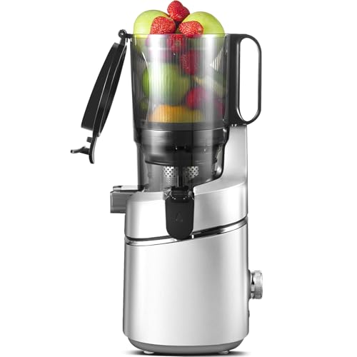 AMZCHEF Extractor de Verduras y Zumos Automático, 1,8L Capacidad y 135MM Apertura Licuadora para Frutas y Verduras Entera, 250W Licuadora Prensado en Frio Lento con Triple Filtro - Plata