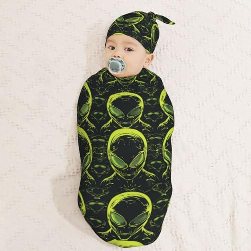 Image of Neon Green Aliens Head Newborn Swaddle Blankets Hat Sets Soft Baby Receiving Blanket Swaddle Sack for Baby Shower Infant Boy Girl Gift