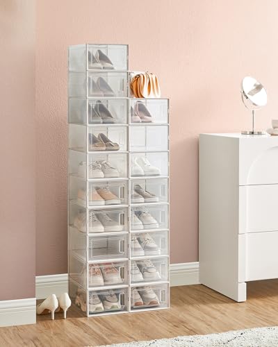 SONGMICS Schuhboxen, 18er Set, Aufbewahrungsboxen für Schuhe, Schuh-Organizer, Kunststoffboxen, faltbar und stapelbar, für Schuhe bis Größe 44, transparent-weiß LSP18SWT - 3