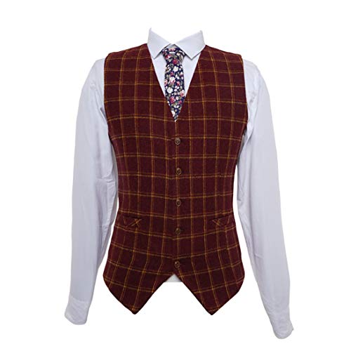 Men's Burgundy Plaid Tweed Wool Plaid Check Tuxedos Slim Fit 3 Pieces Suit Jacket Vest Pant3