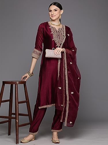 Image of INDO ERA Womens Silk Blend Embroidered Straight Kurta Pant Dupatta Set (KH9WN7266)