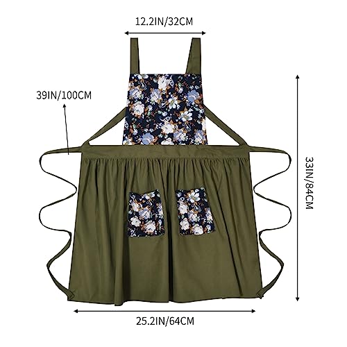 Pinknoke Vintage Pinafore Apron Dress for Women with Pockets Cute Floral Chef Aprons for Kitchen Cooking Baking Gardening (Olive Green)