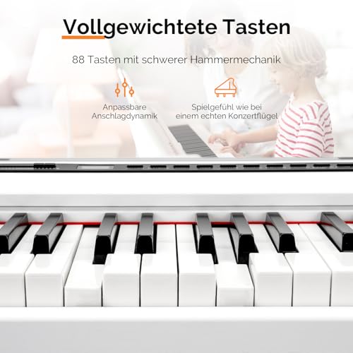 GLARRY E Piano 88 Tasten, vollgewichtete Tastaturen Digitalpiano mit Klavierständer, Dual Bluetooth, 3-Pedal-System, Kopfhörer – für Anfänger und Fortgeschrittene, Weiß