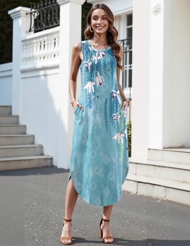 Image of Zeagoo Women Floral Summer Casual Beach Printed Tank Dress with Pockets Pleated Front Long Dress
