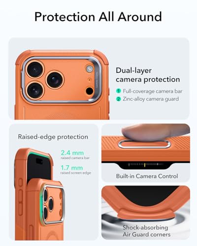 Image of ESR for iPhone 17 Pro Max Phone Case with Stand, 23ft Military-Grade Drop Protection with Camera Control, Shock-Absorbing Rugged Cover, Compatible with MagSafe Accessories, Cyber Series, Orange