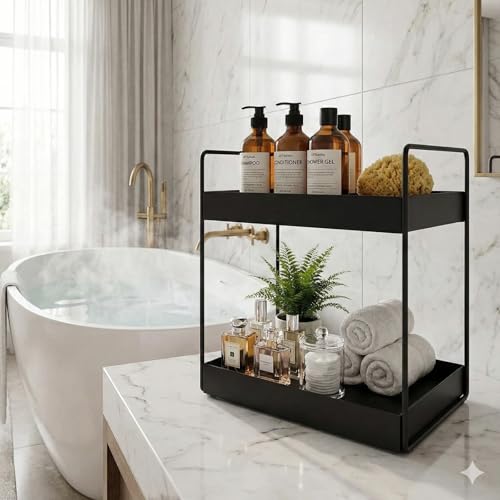 Image of Homify Metal 2-Tier Standing Spice Rack Storage Organizer, Bathroom Countertop Storage Shelf Cosmetic Organizer And Home /Kitchen Spice Rack (Black)