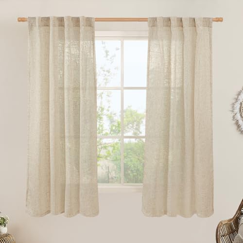LAMIT 60 Inch Length Window Linen Curtains, Semi Sheer Light Filtering Panels Back Tab and Rod Pocket Drapes for Bedroom/Living Room, Linen, 2 Panels, 34 x 60 Inch