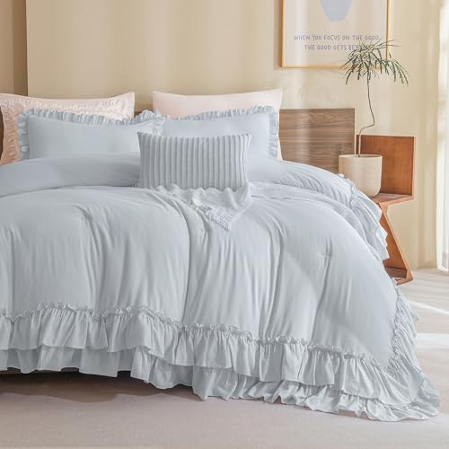 Image of QSH Queen's House Light Blue Farmhouse Ruffled King Size Comforter Set,Lightweight Microfiber Inner Fill Fluffy Boho Chic Bedding Comforter,Ultra Soft Microfiber Inner Fill Bedding