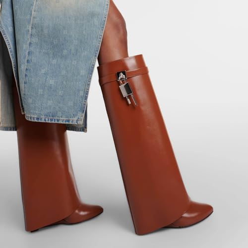 Image of Arqa Knee High Boots Womens Wedge High Heels Shark Boots Fold Over Pull-on Pointed Toe Tall Fashion Boots for Women