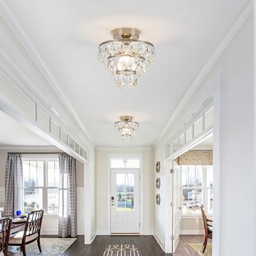 votag Modern Small Crystal Ceiling Light Fixture, Mini Silver Semi-Flush Mount Chandelier, Light Fixture for Hallway Bedroom Bathroom Closet E26, Bulb Not Included by votag - Image 4