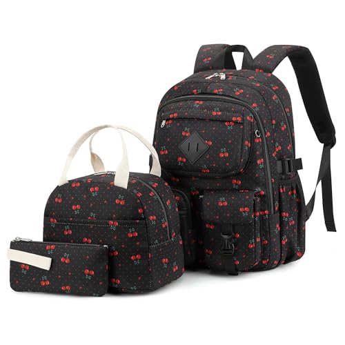 Lrenagao Cherry School Backpack for Girls 3PCS Kids Teens Bookbag Set with Lunch Box and Pencil Pouch Elementary Middle School Bag Laptop Back Packs - Black