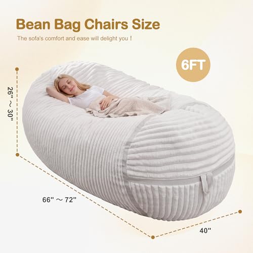Image of 6FT Bean Bag Chair 6'Giant Bean Bag Chairs with Adults, Large Beanbag Chair | Bean bag Lounger with Machine Washable Cover Corded Plush Fabric, Comfy Chairs for Living Room Bedroom Dorm, Beige