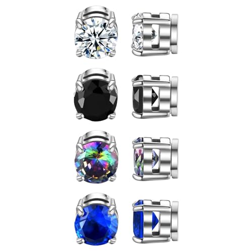 JewelryWe Kolczyki magnetyczne dla mężczyzn i kobiet: 4 pary 8 mm kolorowe okrągłe cyrkonie stal szlachetna magnetyczne kolczyki na sztyfcie, bez przekłuwania uszu, Stal nierdzewna