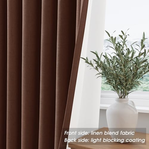 Image of Nanspring Rustic Brown 100% Blackout Linen Curtains 84 Inch Length 2 Panels Set for Bedroom Back Tab Rustic Farmhouse Decor Black Out Curtain for Living Room Office Thermal Insulated Drapes 52x84