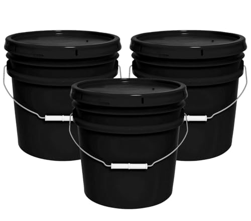 MKS Plastics 3.5-Gallon Bucket with Airtight Lid – Made in USA, Food Grade BPA Free Plastic, Heavy Duty Multi-Use, Metal Handle with Grip, Stackable Storage – Black, 3 Pack