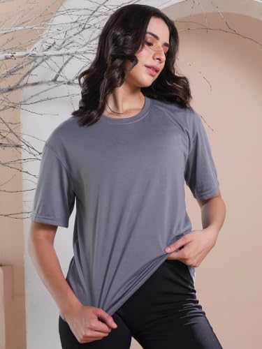 Image of CHKOKKO Oversized Round Neck Drop Shoulder Solid Polyester Full Sleeves T-Shirt for Women