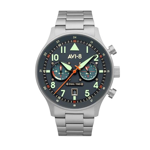 AVI-8 Herren 43.5mm Hawker Hurricane Carey Dual Time Gutersloh Japanische Quarz Fliegeruhr mit Edelstahlarmband AV-4088-22