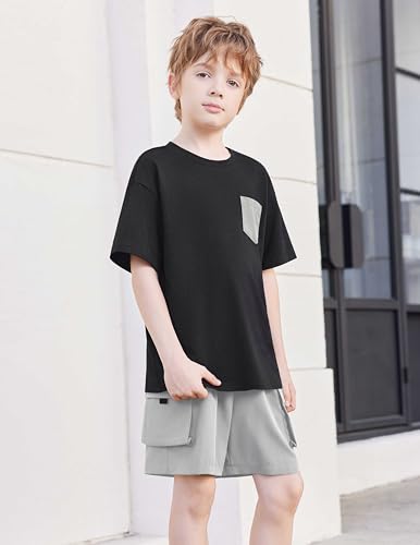 Image of Arshiner Boys' 2-Piece Cotton Outfit Short Sleeve Crewneck T-Shirt & Cargo Shorts Set Summer Casual Clothes for Kids 5-13