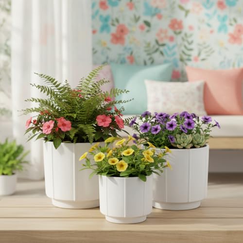 Image of Xtore Studio Ceramic Ribbed Planter Set | Vertical Groove Plant Pots for Home & Office Decor - (Set of 3, White, Planter ONLY)