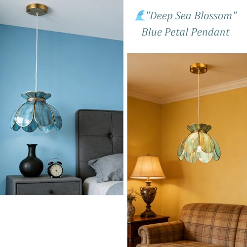 Image of Brass Glass Ceiling Pendant Light, Hanging Chain lamp, with Vintage Lotus Flower Glass Shade for Kitchen Island Dining Room Bedroom Living Room-12 Stained Glass Shade