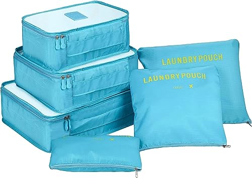 Image of 6 in 1 Polyester Secret Pouch Travel Bag Packing Cubes Laundry Bag with Undergarments & Cloth Storage Organizer Travelling Set /Suitcase Bag (SKY BLUE)