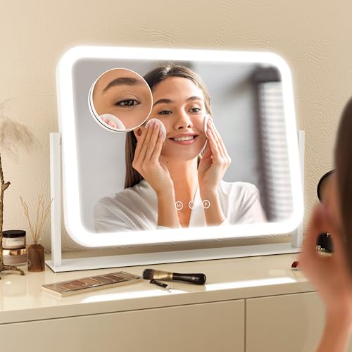 Image of FENNIO Vanity Mirror with Lights 17''x13'' Makeup Mirror with Lights,Vanity Mirror Touch Screen with 3-Color Lighting,Dimmable,for Vanity Desk Tabletop White