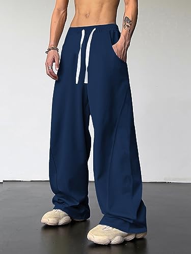 OYOANGLE Men's Drawstring Elastic Waist Baggy Sweatpants Y2K Loose Wide Leg Long Pants with Pocket2