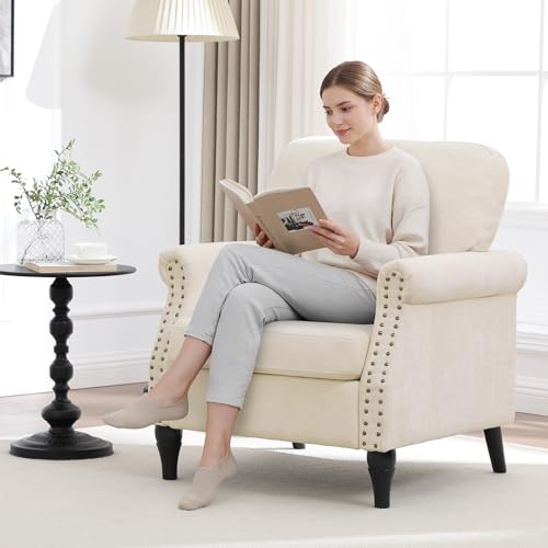 Image of Accent Chair Set of 2 for Living Room Modern Mid Century Reading Chair Armchair High Back Upholstered Armchair with Wooden Legs for Living Room Bedroom Office Beige