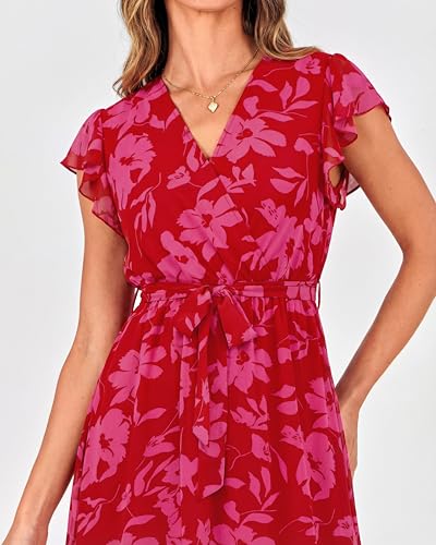 Image of BTFBM Women Summer Bohemian Floral Casual Wrap V Neck Ruffle Cap Sleeveless Belt A-Line Pleated Hem Midi Sun Dress White