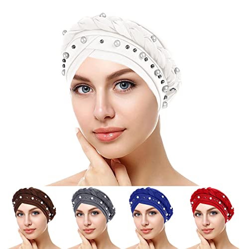 Women Pearl Pre Tied Turban Muslim Bonnet Vintage Head Scarves Headwear for Chemo Patient with Hair Loss Adjustable4