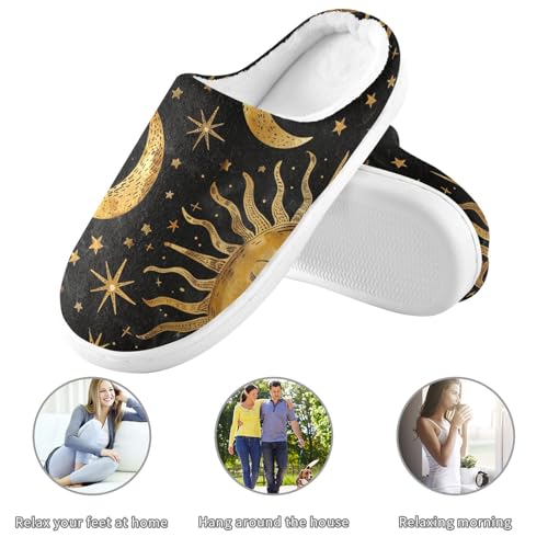 Golden Sun Moon Stars Boho on Black Mens House Cotton Slipper Wide Memory Foam Indoor Shoes for Indoor Funny Presents 6-73