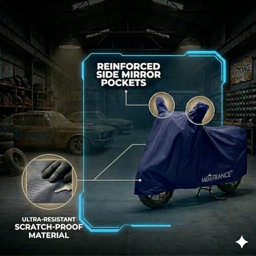 Image of Mototrance All Weather Protection Two Wheeler Cover for All Bikes /Royal Enfiled /Upto Pulsar 160CC to 350CC | Anti Dust, Water Resistant, Heat Resistant, UV Proof with Mirror Pocket | Solid Blue
