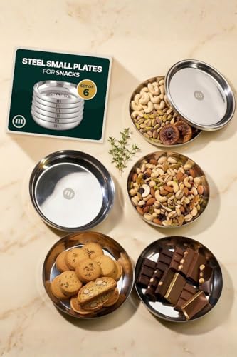 Image of MARU Steel Small Round Snacks /Serving Plates Set of 6 (18 cm Each), Multi-Utility Quarter /Diet Plates for Small Meals with Mirror Finish Design, Perfect for Breakfast, Nashta, Dessert & Daily Use