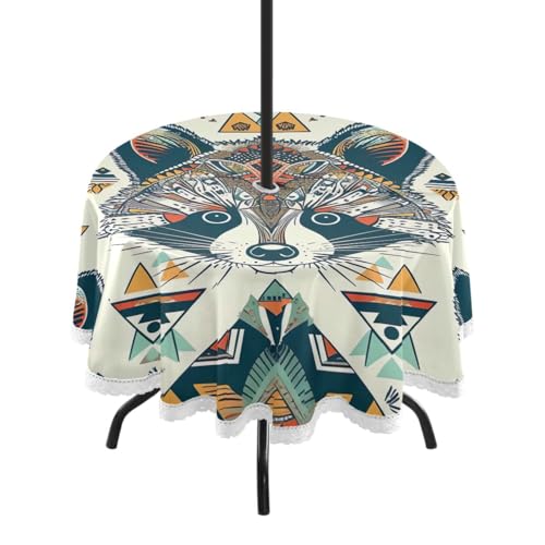 Wajiw 60 Inch Indoor Outdoor Round Tablecloth with Umbrella Hole and Zipper Waterproof Patio Table Cover for Camping Dining Room Party Outdoor Picnic,Raccoon