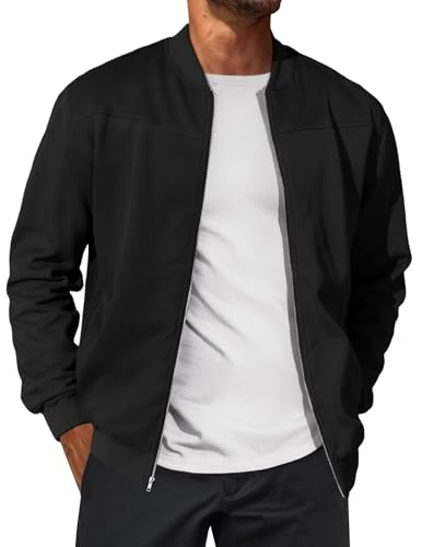 Runcati Mens Suede Bomber Jackets Full Zip Casual Softshell Varsity Jacket Lightweight Vintage Fall Coat with Pockets Black