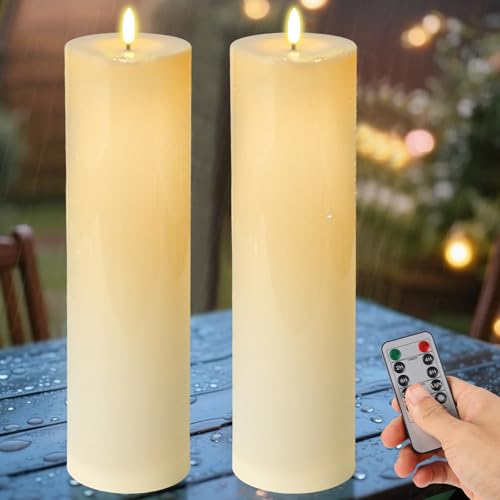 Image of 14 inch x 4 inch Large Outdoor Candles Battery Operated, Waterproof Flameless Candles Flickering with Timer Remote Control, Fake LED Pillar Candle for Patio Porch Lantern, Ivory, 2 Pack