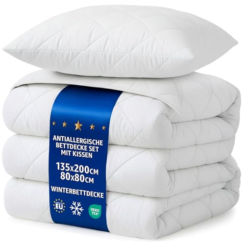 Bettdecken Set 135x200 mit Kissen 80x80 Winterbettdecke – Weiche warme Steppbettdecke für Allergiker, kuschelige Decke mit Füllung, Oeko-Tex Zertifiziert, waschbar