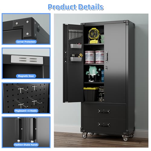 Image of Metal Garage Storage Cabinet with Wheels, 2 Drawers and Pegboard Doors