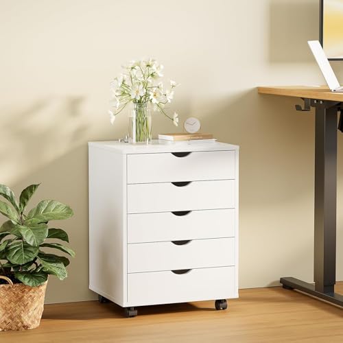 Image of 5 Drawer Chest, Storage Cabinet Dressers with Wheels, Dressers Storage Cabinets, Dresser Mobile Cabinet with Wheels, Room Organizer, Drawers Wood Organization Furniture for Office, Home, White