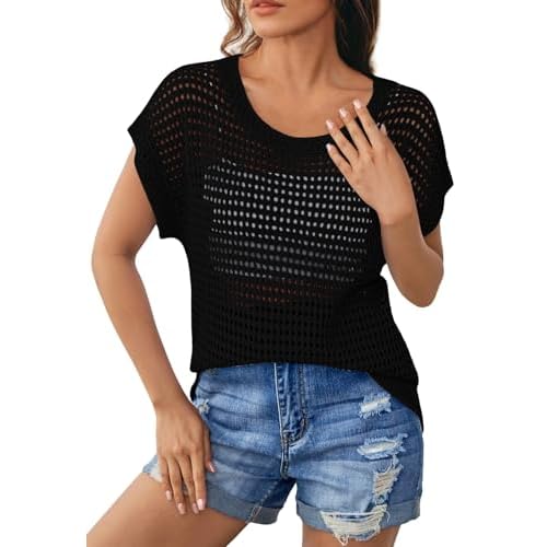 Pink Queen Womens Crochet Tops Cap Sleeve Crew Neck Knit Hallow Out Pullover Top 2025 Summer Outfits Black X-Large