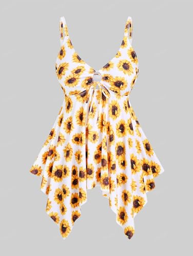 ROSE GAL Rosegal Women Plus Size Modest Tankini Swimsuit Handkerchief Sunflower Cinched Boyleg Swimwer2