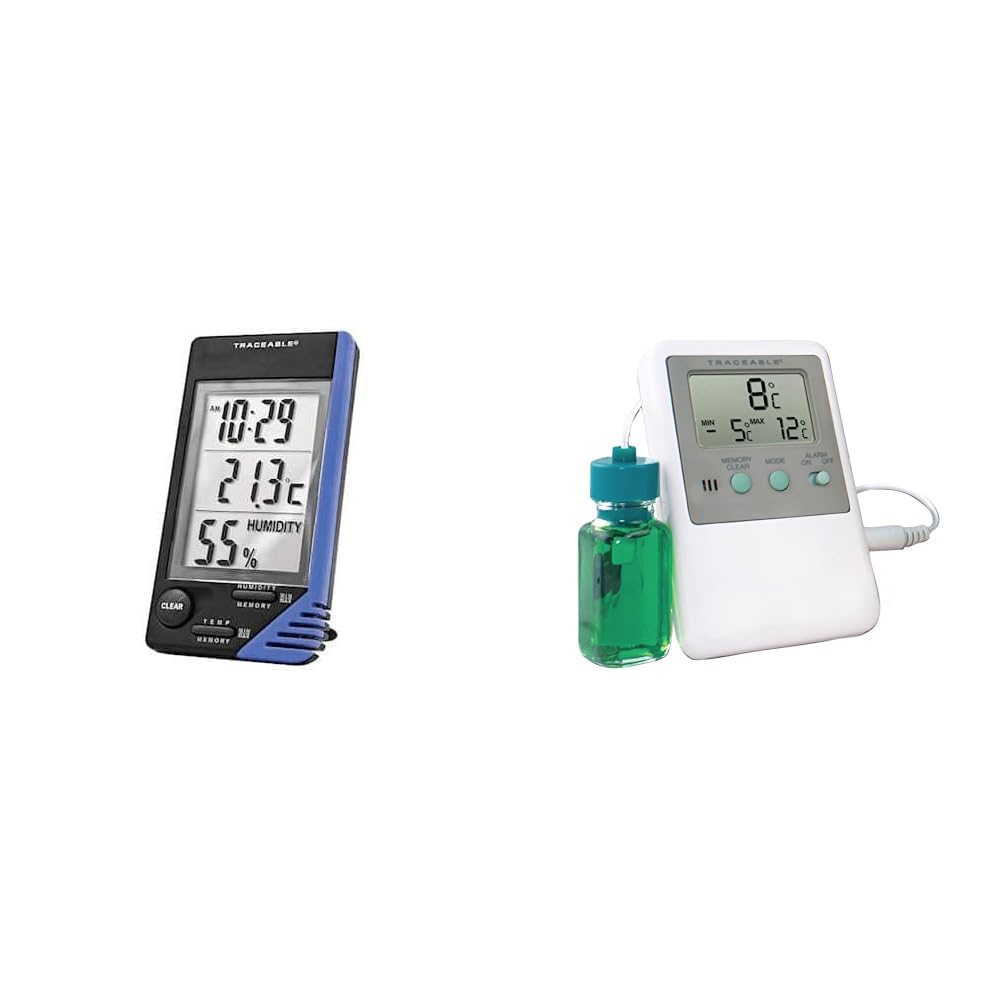 Digi-Sense TRACEABLE - AO-90080-06 Traceable Thermometer with Clock, Humidity Monitor, and Calibration & Traceable Calibrated Fridge/Freezer Digital Thermometer; 1 Bottle Probe