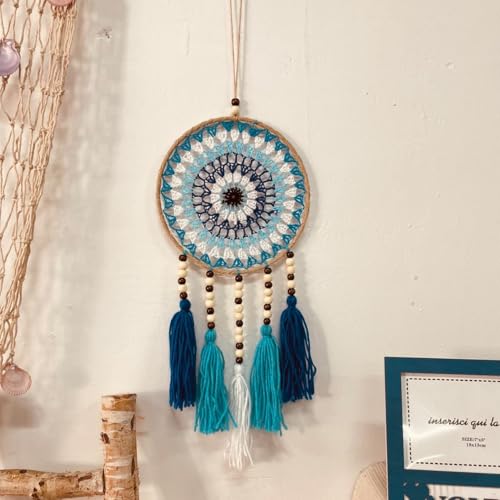 DEOSEISU DreamCatchers 25 inch Blue Mandala Design, Blue Tassels with Wooden Beams,Wall Hanging,Boho Gift for Home