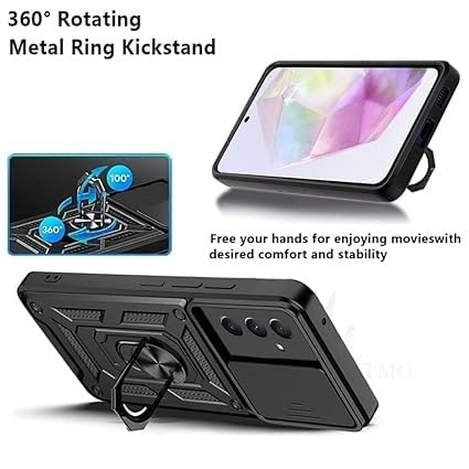Image of SPAZY CASE Samsung Galaxy M36 5G Back Cover | Heavy Duty Hybrid Case with 360 Degree Rotating Finger Ring Holder + Slider Shutter Camera Protection Case for Samsung Galaxy M36 5G - Black