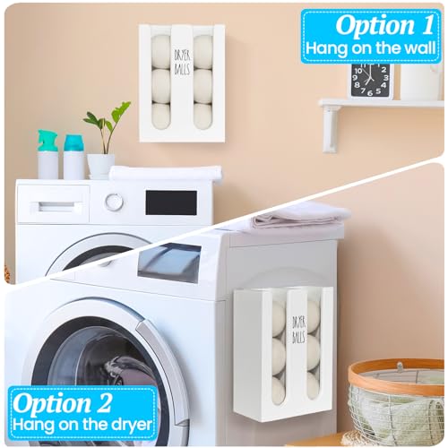Ukonvi Magnetic Dryer Ball Holder for Laundry Room Organization, Wood Dryer Ball Container Wall Mount, Dryer Balls Organizer for Laundry Room Storage, Laundry Wool Dryer Ball Dispenser Basket (White)