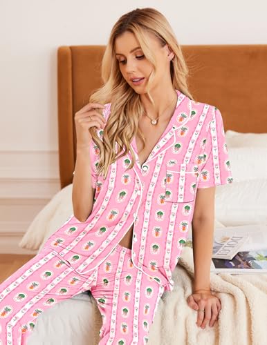 Image of Ekouaer Womens Pajamas Set Short Sleeve Button Down Top & Pants Lounge Pjs | Soft Sleepwear with long pants, ideal for Home relaxation, Wedding, Party, Daily Wear & Breastfeeding